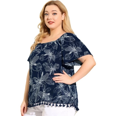 Agnes Orinda Women's Plus Size Blouse Floral Off Shoulder Tassel Hem Casual Top 3 Agnes Orinda Women's Plus Size Blouse Floral Off Shoulder Tassel Hem Casual Top - Image 3