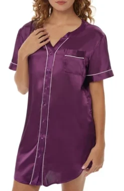 Womens Satin Night Shirt, Boyfriend Style Short Sleeve Sleep Shirt -Trendy Women GUEST 03602e44 84c6 48c2 8313 e5aa6fea3c4d