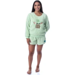 Star Wars Womens' The Mandalorian The Child Sweater And Short Pajama Set Green