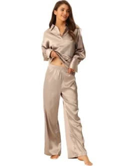 Cheibear Womnes Satin Outfits Pajamas Collar V Neck Tops With Pants Csaual Lounge Sets -Trendy Women GUEST 08a1ad9f bf5b 439a ae61 76b80293ae52