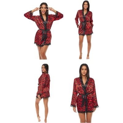 Womens Leopard Print Robe, Short Satin Silk Lace Trim 2 Womens Leopard Print Robe, Short Satin Silk Lace Trim - Image 2