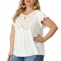 Agnes Orinda Women's Plus Size Blouse Ruffle Sleeve Lace Trim Tie Neck Peasant Top -Trendy Women GUEST 0a8eabfa 93d9 4144 b074 b1a138127b53