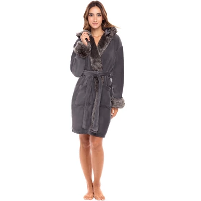 Women's Faux Fur Feather Hooded Robe, Soft Plush Fleece Knee Length Bathrobe With Hood 7 Women's Faux Fur Feather Hooded Robe, Soft Plush Fleece Knee Length Bathrobe With Hood - Image 7