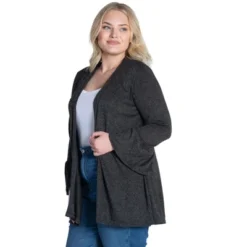 Womens Plus Size Knit Three Quarter Bell Sleeve Open Cardigan