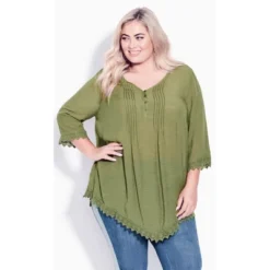 Women's Plus Size Ellie Pintuck Lace Top - Olive | AVENUE -Trendy Women GUEST 1168cad5 235d 49e6 8168 563fedf5a9cc