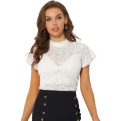 Allegra K Women's Elegant Floral Lace Blouse Short Sleeve Keyhole Back Fitted Semi Sheer Top -Trendy Women GUEST 119f1baf 2f1a 4191 98e5 cfdcc068ca3b