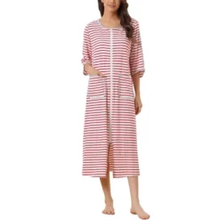Cheibear Women's Zip Front Robe 3/4 Sleeve Striped Long Bathrobe Dress Pajama -Trendy Women GUEST 12656847 42ac 4ff4 a0e5 1abd415d0509