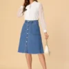 Allegra K Women's Denim Skirts Raw Hem Button Down Midi Jeans Skirt