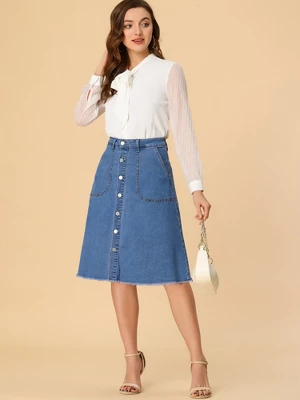 Allegra K Women's Denim Skirts Raw Hem Button Down Midi Jeans Skirt 1 Allegra K Women's Denim Skirts Raw Hem Button Down Midi Jeans Skirt