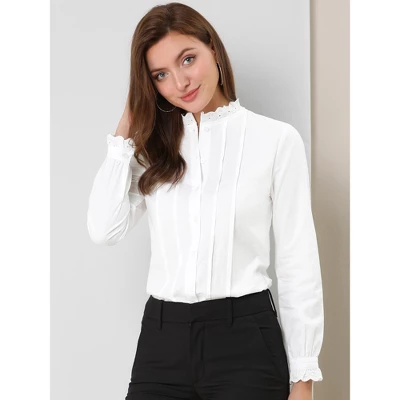 Allegra K Women's Mock Neck Blouse Ruffle Work Office Cotton Pleated Button Up Shirt 1 Allegra K Women's Mock Neck Blouse Ruffle Work Office Cotton Pleated Button Up Shirt