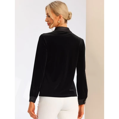 Allegra K Women's Point Collar Faux Pocket Long Sleeves Button Down Velvet Blouse 2 Allegra K Women's Point Collar Faux Pocket Long Sleeves Button Down Velvet Blouse - Image 2