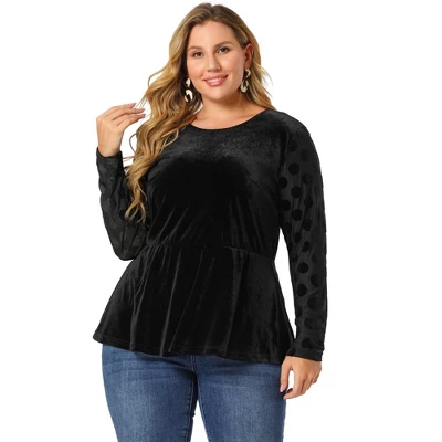 Agnes Orinda Plus Size Peplum Top For Women Polka Dots Sheer Puff Sleeve Velvet Top 3 Agnes Orinda Plus Size Peplum Top For Women Polka Dots Sheer Puff Sleeve Velvet Top - Image 3