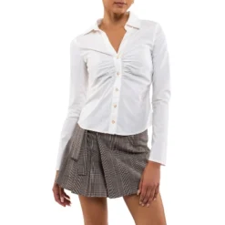 August Sky Women's Solid Shirred Button-Down Top -Trendy Women GUEST 2285a123 8a9f 4b26 a28a 6257394091c1