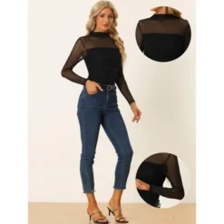 Allegra K Women's Solid Mock Neck Mesh Sheer Long Sleeve Ruched Blouses