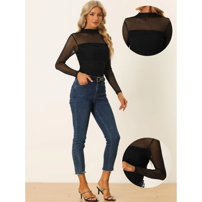 Allegra K Women's Solid Mock Neck Mesh Sheer Long Sleeve Ruched Blouses 1 Allegra K Women's Solid Mock Neck Mesh Sheer Long Sleeve Ruched Blouses