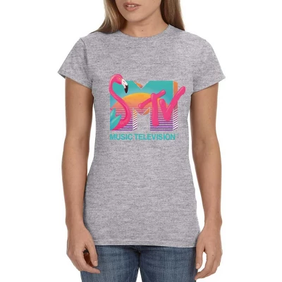MTV Womens' Music Television Vaporwave Flamingo Icon '80s Crewneck T-Shirt Grey 3 MTV Womens' Music Television Vaporwave Flamingo Icon '80s Crewneck T-Shirt Grey - Image 3