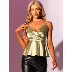 Allegra K Women's Satin V Neck Spaghetti Strap Sleeveless Cami Peplum Top