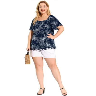 Agnes Orinda Women's Plus Size Blouse Floral Off Shoulder Tassel Hem Casual Top 2 Agnes Orinda Women's Plus Size Blouse Floral Off Shoulder Tassel Hem Casual Top - Image 2