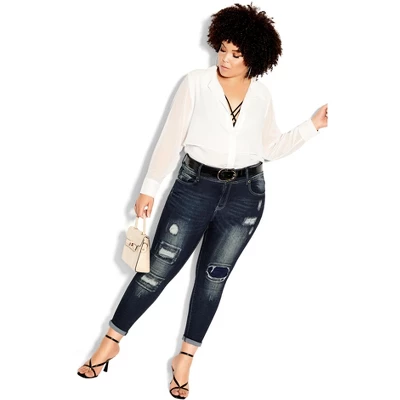 Women's Plus Size Patched Apple Skinny Jean - Mid Denim | CITY CHIC 6 Women's Plus Size Patched Apple Skinny Jean - Mid Denim | CITY CHIC - Image 6