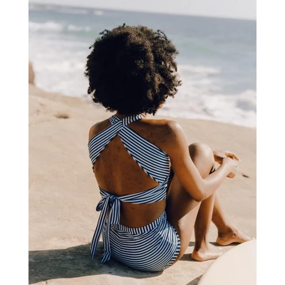 Lime Ricki Women's Indigo Stripe Cross-Back Crop Top 1 Lime Ricki Women's Indigo Stripe Cross-Back Crop Top