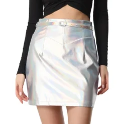 Allegra K Women's Metallic Bodycon Belted Short Shiny Skirt -Trendy Women GUEST 33c552fb f37e 45ba a645 0c240408d9f5