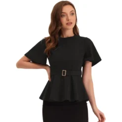 Allegra K Women's Round Neck Flutter Sleeve Belted Waist Office Peplum Blouse -Trendy Women GUEST 33c56326 420d 4a66 bd8e 342e6e52d607