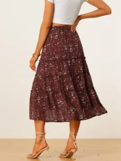 Allegra K Women's Floral Elastic Waist Tiered Ruffle Boho Midi Skirts -Trendy Women GUEST 365a30c0 b99f 49b5 bbac f8e4e548983b