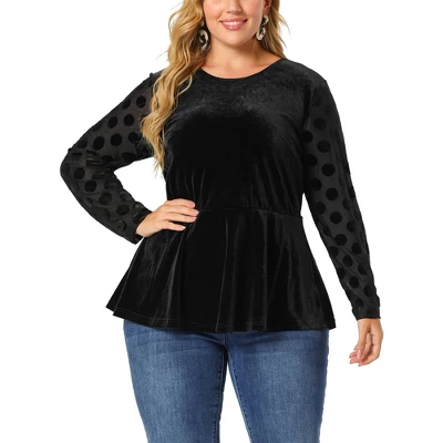 Agnes Orinda Plus Size Peplum Top For Women Polka Dots Sheer Puff Sleeve Velvet Top 6 Agnes Orinda Plus Size Peplum Top For Women Polka Dots Sheer Puff Sleeve Velvet Top - Image 6