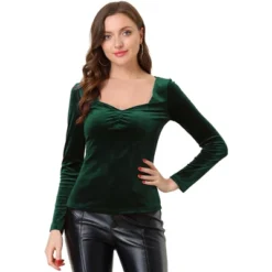 Allegra K Women's Sweetheart Neckline Tops Pleated Front Long Sleeve Retro Velvet Blouse -Trendy Women GUEST 394acdf7 9acb 41de 96ba 73399b6dd345