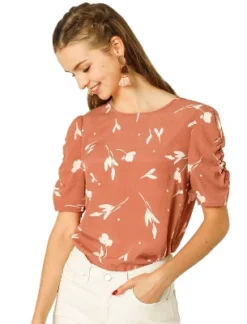 Allegra K Women's Floral Crew Neck Summer Casual Shirred Short Sleeve Blouse -Trendy Women GUEST 3afa4907 3aca 475a 940f 099a7de46a12