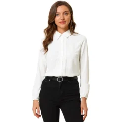 Allegra K Women's Office Work Turn Down Collar Lace Trim Long Sleeve Button Down Shirt