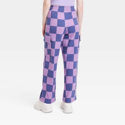 Women's Checkered Cargo Graphic Pants - Purple 1 Women's Checkered Cargo Graphic Pants - Purple