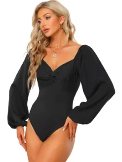 Allegra K Women's Sweetheart V Neck Puff Long Sleeve Bodysuits -Trendy Women GUEST 3d165698 9a3e 4c42 bb62 f0bf53e02c6d