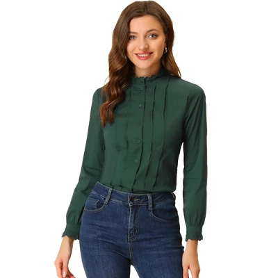 Allegra K Women's Mock Neck Blouse Ruffle Work Office Cotton Pleated Button Up Shirt 8 Allegra K Women's Mock Neck Blouse Ruffle Work Office Cotton Pleated Button Up Shirt - Image 8