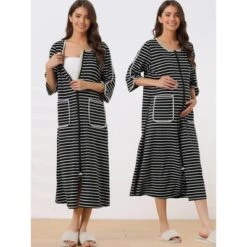 Cheibear Women's Zip Front Robe 3/4 Sleeve Striped Long Bathrobe Dress Pajama