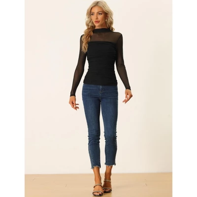 Allegra K Women's Solid Mock Neck Mesh Sheer Long Sleeve Ruched Blouses 3 Allegra K Women's Solid Mock Neck Mesh Sheer Long Sleeve Ruched Blouses - Image 3