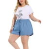 Agnes Orinda Women's Plus Size Denim Short Drawstring Elastic Waist Slant Pockets Shorts Light