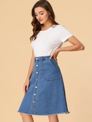 Allegra K Women's Denim Skirts Raw Hem Button Down Midi Jeans Skirt 3 Allegra K Women's Denim Skirts Raw Hem Button Down Midi Jeans Skirt - Image 3