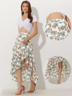 Allegra K Women's Floral Ruffle Skirt Wrap Tiered Asymmetrical Chiffon Skirts