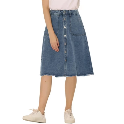 Allegra K Women's Denim Skirts Raw Hem Button Down Midi Jeans Skirt 7 Allegra K Women's Denim Skirts Raw Hem Button Down Midi Jeans Skirt - Image 7