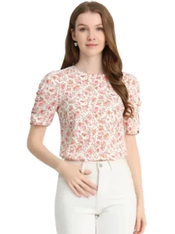 Allegra K Women's Floral Crew Neck Summer Casual Shirred Short Sleeve Blouse -Trendy Women GUEST 48253493 9f20 4e92 9f1e b4d4eee07490