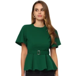 Allegra K Women's Round Neck Flutter Sleeve Belted Waist Office Peplum Blouse -Trendy Women GUEST 500a0424 a43b 42e3 9e90 e605aad41322
