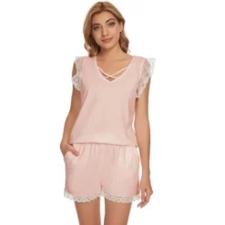 Cheibear Womens Sleepwear Pajamas Tank Tops With Shorts V-Neck Lace Trim Sleeveless Lounge Set -Trendy Women GUEST 5105d386 286e 4064 8624 4416c393c183