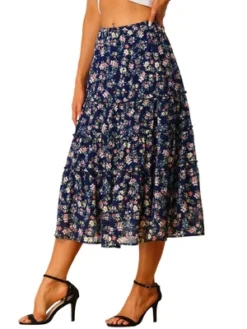 Allegra K Women's Floral Elastic Waist Tiered Ruffle Boho Midi Skirts -Trendy Women GUEST 51657ece 057b 4d07 811e 36ed3b60076f