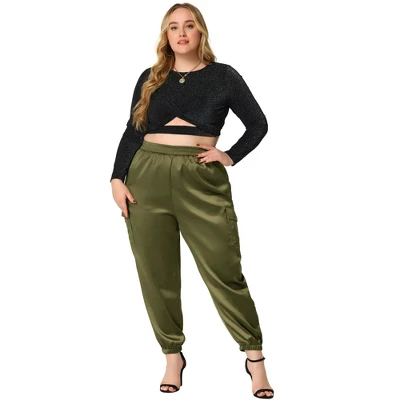 Agnes Orinda Women's Plus Size Cargo Elastic Waist Athleisure Ankle Length Satin Joggers Pant 2 Agnes Orinda Women's Plus Size Cargo Elastic Waist Athleisure Ankle Length Satin Joggers Pant - Image 2
