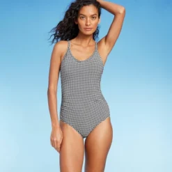 Women's Textured Gingham Ruched Full Coverage One Piece Swimsuit - Kona Sol™ Black -Trendy Women GUEST 55d530b9 25ae 4ba8 aaaa e2f0ff5bf1de