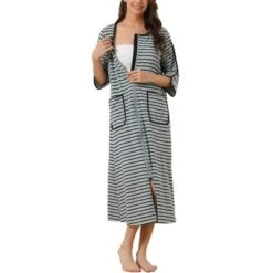 Cheibear Women's Zip Front Robe 3/4 Sleeve Striped Long Bathrobe Dress Pajama -Trendy Women GUEST 5685eb54 412a 458c 8b6d ad0271814b50