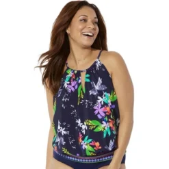 Swimsuits For All Women’s Plus Size High Neck Blouson Tankini Top