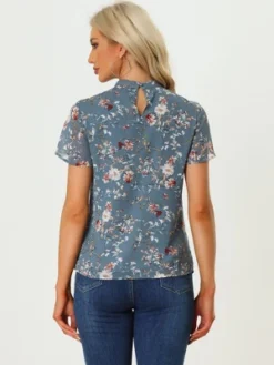 Allegra K Women's Stand Collar Pleated Front Chiffon Floral Blouses -Trendy Women GUEST 57d3756f 3f28 476c 851b 911dc9fe090e