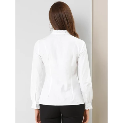 Allegra K Women's Mock Neck Blouse Ruffle Work Office Cotton Pleated Button Up Shirt 4 Allegra K Women's Mock Neck Blouse Ruffle Work Office Cotton Pleated Button Up Shirt - Image 4